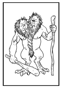 Two headed troll vector drawing.  Giant cannibal coloring template. 