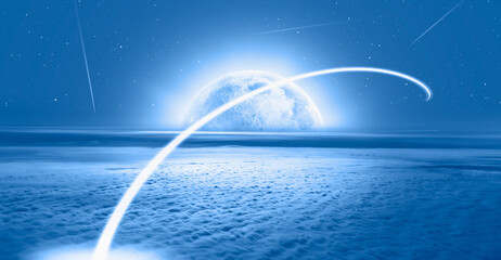 Canvas Print - Trip to the moon (lunar) concept - Long exposure night time rocket launch, falling stars in the background 