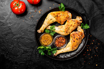 Wall Mural - Grilled chicken legs with spices on black background. top view