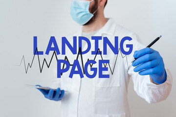 Wall Mural - Conceptual hand writing showing Landing Page. Concept meaning Website accessed by clicking a link on another web page Laboratory Technician Featuring Sticker Paper Smartphone