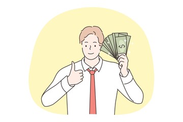 Business, success, goal achievement, investment, wealth, money concept. Invest money financial profit illustration. Young happy businessman clerk manager holding cash dollar fan showing like sign. 