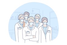 Healthcare, medicine, infection, coronavirus, protection concept. Group or team of men and women doctors lab workers scientists colleagues with medical face masks illustration. Covid19 desease danger.