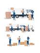 © Javvani - People with boxes. Movers are holding cardboard boxes. The girl with the list in her hands. Design element on the subject of delivery and moving. Isolated. Vector.