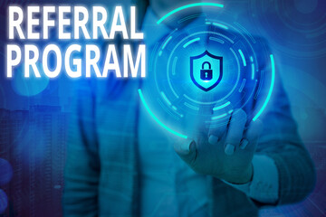 Poster - Conceptual hand writing showing Referral Program. Concept meaning employees are rewarded for introducing suitable recruits Graphics padlock for web data security application system