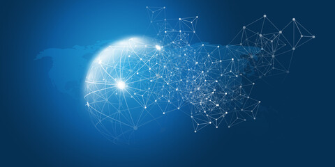 Poster - Abstract Blue Minimal Style Cloud Computing, Networks Structure, Telecommunications Concept Design, Network Connections, Transparent Geometric Mesh with World Map and Globe - Vector Illustration