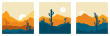 Abstract Landscape With Cactus / Set Vector Illustrations, Backgrounds, Triptych, Twilight In Mexico	