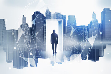 Poster - Man in doorway in city, immersive network interface