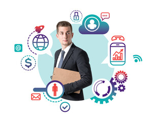 Poster - Man with clipboard, cloud computing icons