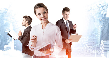 Poster - Three business people with documents in city