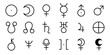 Planet symbols set. Vector signs. Astrological calendar. Zodiacal black and white horoscope. Earth; moon, jupiter; saturn; mars; venus and sun. Jyotisha. Hinduism, Indian or Vedic astrology