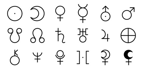 Wall Mural - planet symbols set. vector signs. astrological calendar. zodiacal black and white horoscope. earth; 