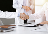 Fototapeta Nowy Jork - Unknown doctors are shaking their hands as agreement about patient's diagnosis in a sunny cabinet, close-up. Medical help, insurance in health care