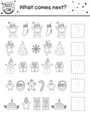 What comes next. Christmas black and white matching activity for preschool children with traditional holiday symbols. Funny educational game. Logical worksheet or coloring page. Continue the row. .