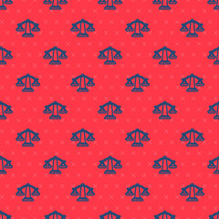 Sticker - blue line scales of justice icon isolated seamless pattern on red background. court of law symbol. b