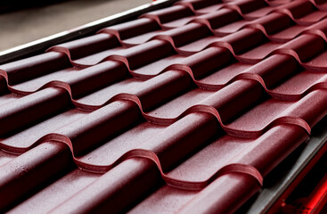 Red metallic roof tiles background with drops of water.