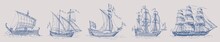 A Set Of Images Of Old Sailing Ships. Hand Drawn Vector Sketch.