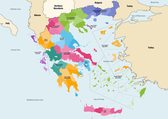 Wall Mural - vector map of greece provinces colored by regions with neighbouring countries and territories