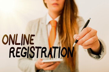 Fototapete - Word writing text Online Registration. Business photo showcasing System for subscribing or registering via the Internet Model displaying different shots of holding pen ready for promotional use