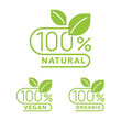 © Dmitry Kovalchuk - 100 natural, 100 organic, hundred percent vegan icons - badge for healthy food, vegetarian nutrition in leaf shape - vector sticker set