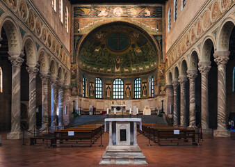 Ravenna / Italy - August 2020: Internal view of the basilica of Sant'Apollinare Nuovo