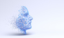 Abstract Human Face, 3d Illustration Of A Head Constructing From Cubes And Triangles, Artificial Intelligence Concept