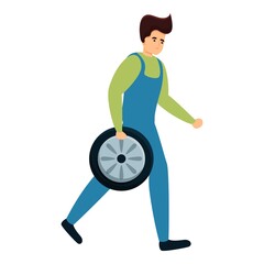 Poster - Auto mechanic carries wheel icon. Cartoon of auto mechanic carries wheel vector icon for web design isolated on white background