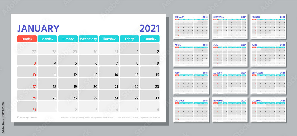 Planner 2021 year. Calendar template. Week starts Sunday. Vector. Table schedule grid. Yearly stationery organizer. Calender layout with 12 month. Horizontal monthly diary. Simple illustration. - obrazy, fototapety, plakaty 