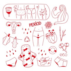 Vector illustration on the theme of reusable female intimate hygiene products. Menstrual cups, reusable pads. Eco-friendly menstrual products. Doodle.