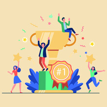 Vector Illustration A Group Of People Characters Carrying Tropy Cup.Together Achievement And Winning Team With Trophy Cup For Web Landing Page Template, Banner. Flat Style Design.