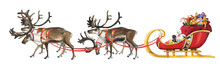 Watercolor Three Reindeer Sledding Santa Claus And Gifts