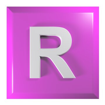 Pink square push button with the alphabetic letter R - 3D rendering illustration