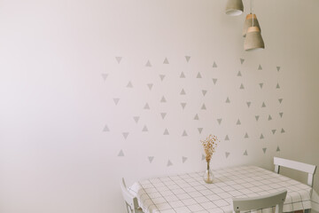 Wall Mural - Mock up wall in modern kitchen interior. Kitchen table and chair. Cozy home. Minimal, Scandinavian style. Real photo 