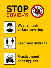 Poster - Stop Covid-19 Coronavirus Rules Set including Wear a Mask or Face Covering, Keep Your Distance 2 m or 2 Metres and Practice Good Hand Hygiene. Vector Image.
