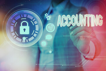 Poster - Writing note showing Accounting. Business concept for system of summarizing business and financial transactions Graphics padlock for web data information security application system