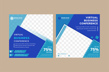 Poster - set of social media banner for virtual business conference use square layout. flat blue for background and element design. rectangle space for photo collage. Abstract geometric style.