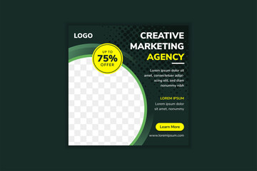 Poster - social media banner for creative marketing agency use square layout. green for background and element design. halftone dot pattern. quarter circle space for photo collage. 