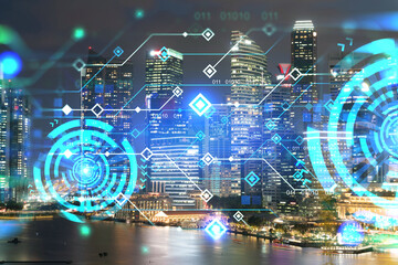 Information flow hologram, night panorama city view of Singapore. The largest technological center in Asia. The concept of programming science. Double exposure.