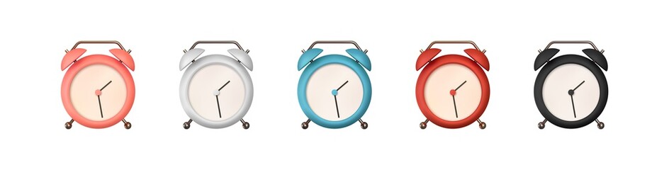 Realistic set of Table Сlock. 3d alarm clock. Classic timer time. Isolated on white background. Vector illustration