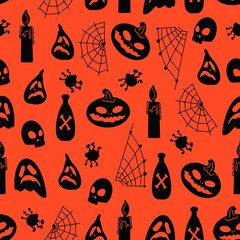 Halloween simple two colored seamless pattern with pumpkin, spider, ghost, net and candle. Vector background for party invitations, wallpaper, wrapping paper, fabric print, decoration.