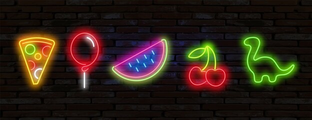 Wall Mural - Pop art icons set. Pop art neon sign. Bright signboard, light banner. Set of neon stickers, pins, patches in 80s-90s neon style.