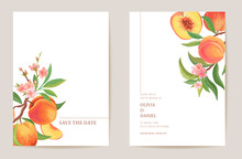 Wedding Invitation Peach Fruits, Flowers, Leaves Card. Watercolor Minimal Template. Botanical Save The Date