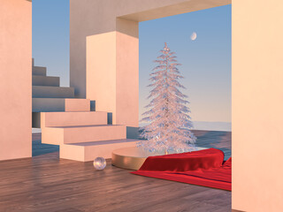 Fototapete - Abstract Winter Christmas scene with geometrical forms in natural day light. minimal 3d landscape background. 
