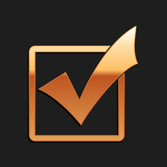 Poster - Gold Check mark in a box icon isolated on black background. Tick symbol. Check list button sign. Long shadow style. Vector.