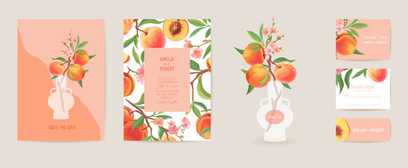 Wall Mural - Wedding invitation peach vector card. Vintage botanical Save the Date set. Design template of fruits