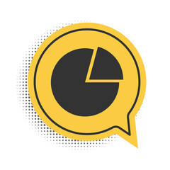 Poster - Black Pie chart infographic icon isolated on white background. Presentation graph sign. Diagram chart sign. Market analytics symbol. Yellow speech bubble symbol. Vector.
