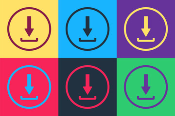 Poster - Pop art Download icon isolated on color background. Upload button. Load symbol. Arrow point to down. Vector.