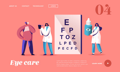 Wall Mural - Professional Optician Exam Vision Treatment Landing Page Template. Ophthalmologist Doctor Character Check Eyesight