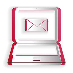 Poster - paper cut laptop with envelope and open email on screen icon isolated on white background. email mar