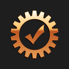 Poster - Gold Gear with check mark icon isolated on black background. Cogwheel simple icon. Approved service sign. Transmission Rotation Mechanism symbol. Long shadow style. Vector.