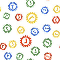 Poster - Color Gear with check mark icon isolated seamless pattern on white background. Cogwheel simple icon. Approved service sign. Transmission Rotation Mechanism symbol. Vector.
